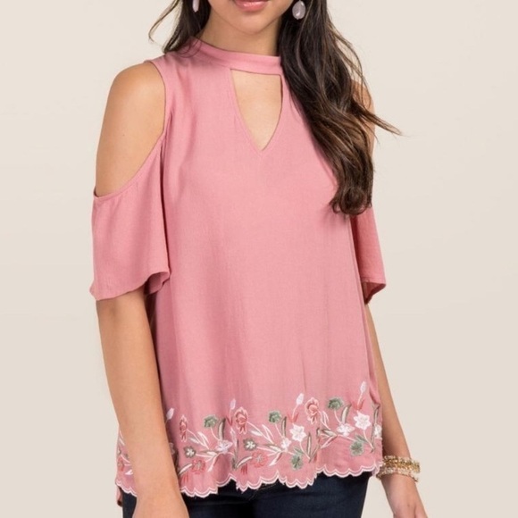 Francesca's Collections Tops - Francescas Pink Embroidered Cold Shoulder Top